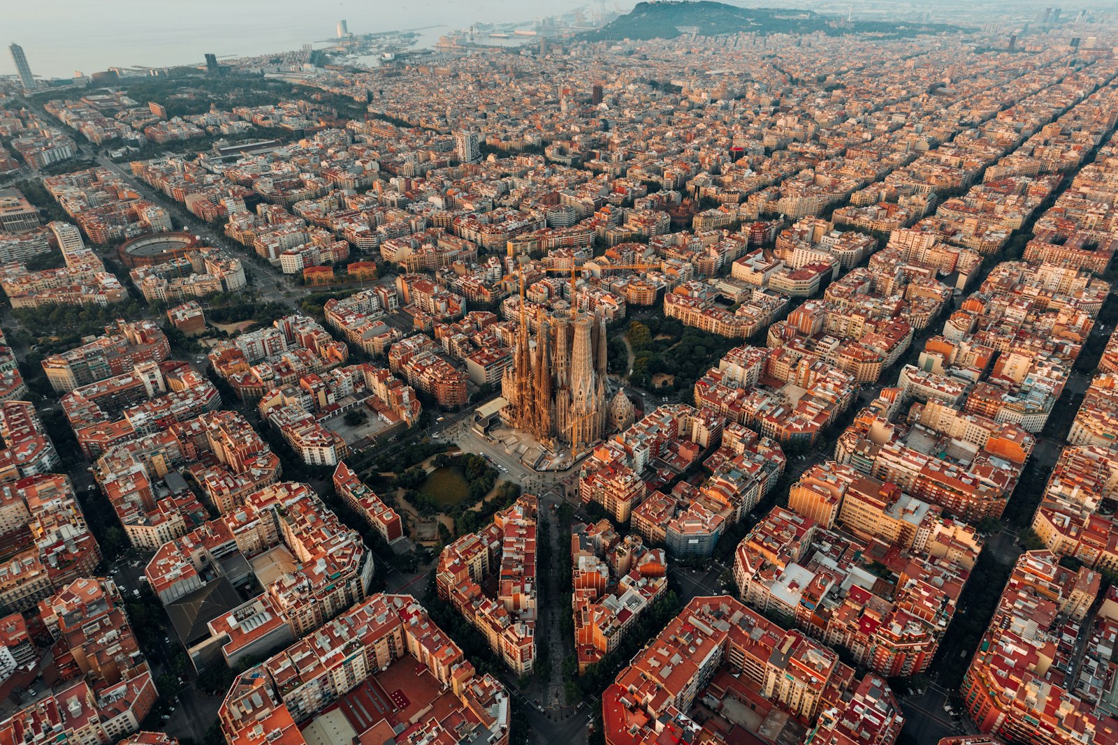 Barcelona aerial — Eixample district with Sagrada Família